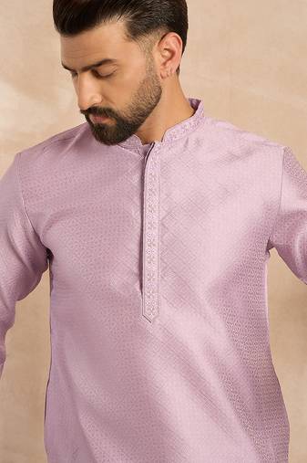 Men lavender polyester solid embroidered straight kurta sets