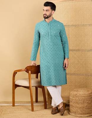 Men's turquoise blue viscose rayon solid embroidered straight chikankari kurta 5
