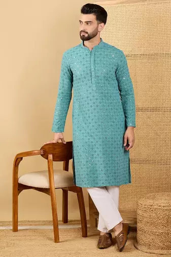 Men's turquoise blue viscose rayon solid embroidered straight chikankari kurta
