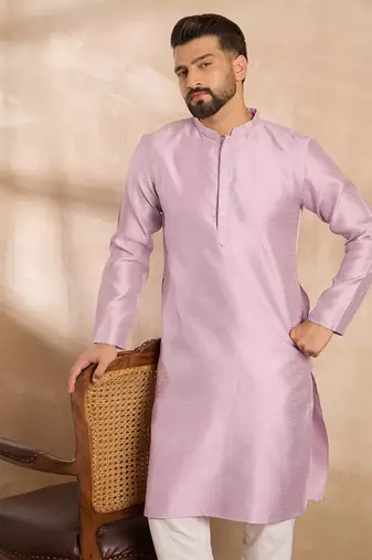 Men lavender polyester solid embroidered straight kurta sets