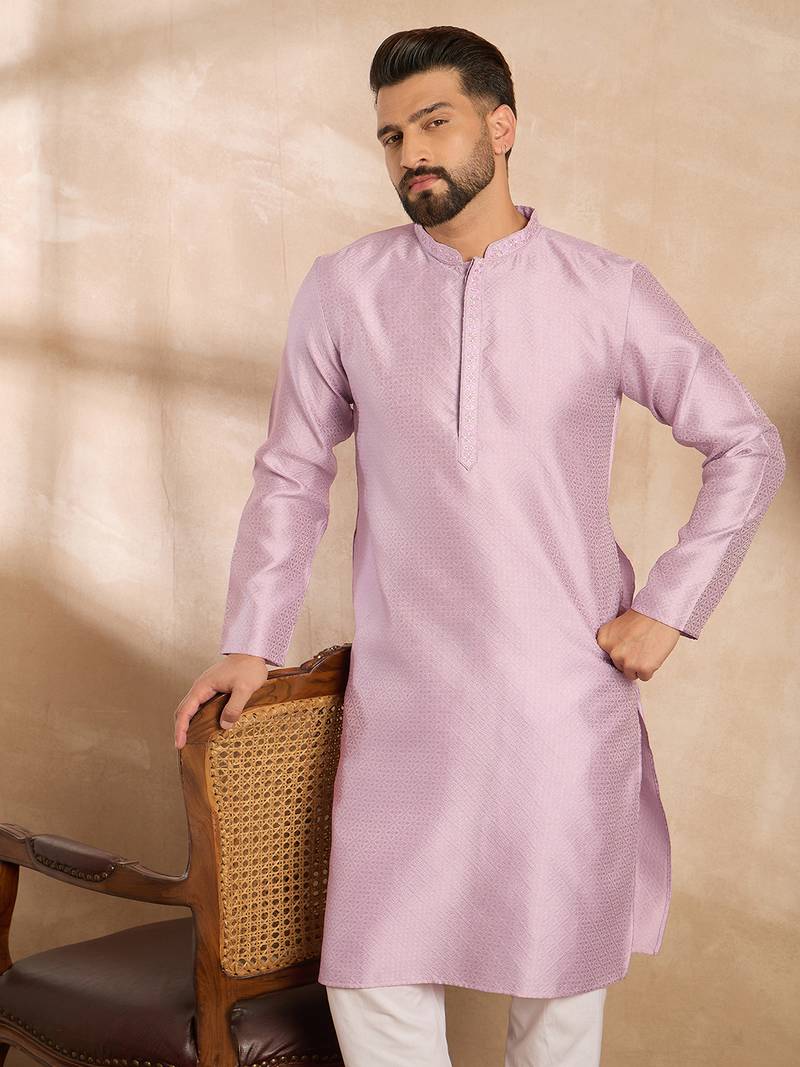 Men lavender polyester solid embroidered straight kurta sets