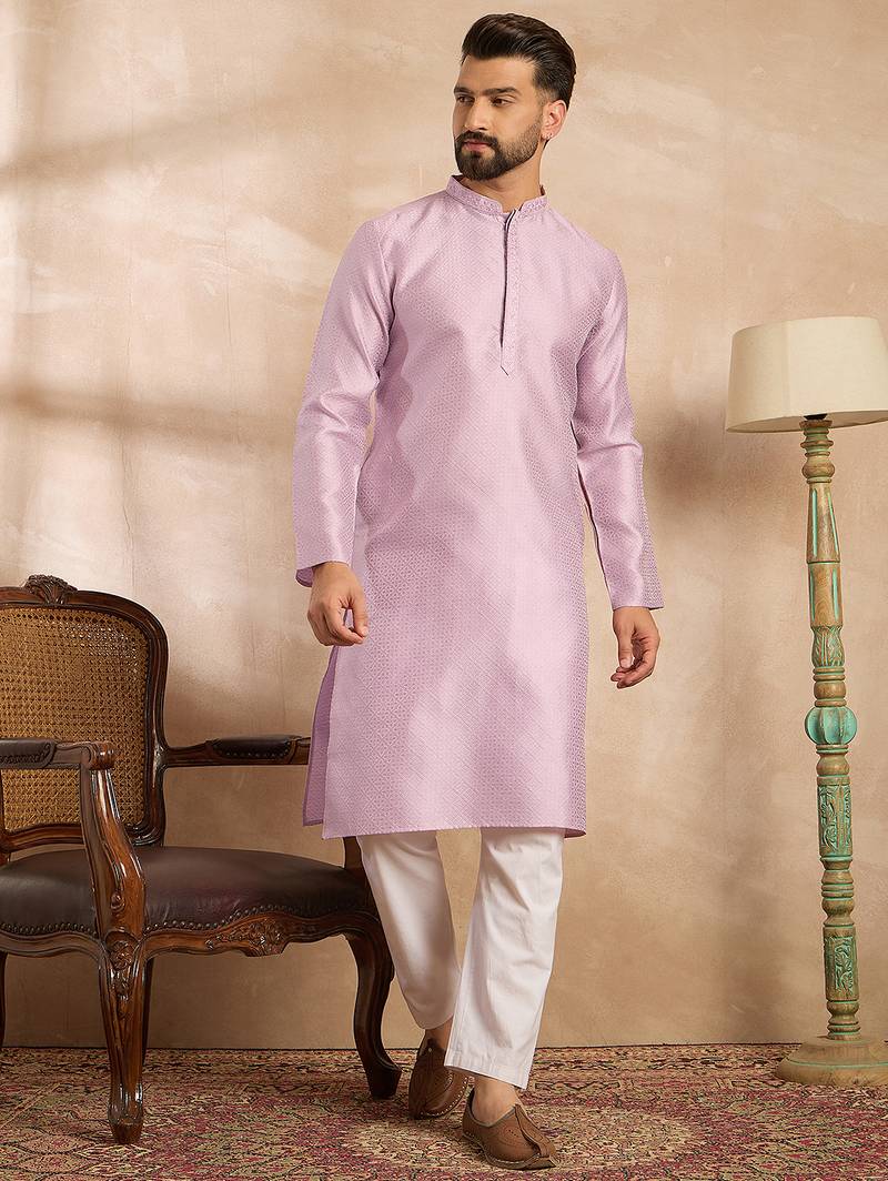 Men lavender polyester solid embroidered straight kurta sets