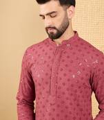 Men's red viscose rayon solid embroidered straight chikankari kurta