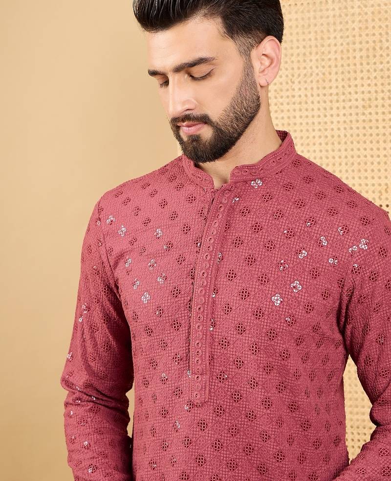 Men's red viscose rayon solid embroidered straight chikankari kurta