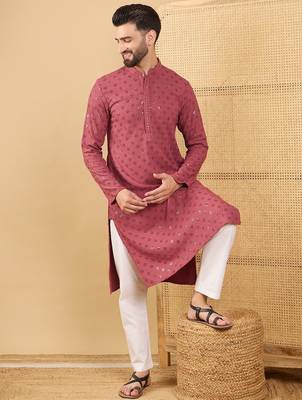 Men's red viscose rayon solid embroidered straight chikankari kurta 2