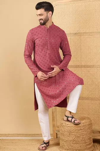 Men's red viscose rayon solid embroidered straight chikankari kurta