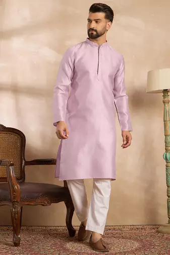 Men lavender polyester solid embroidered straight kurta sets