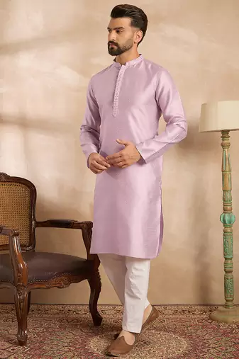 Men lavender polyester solid embroidered straight kurta sets