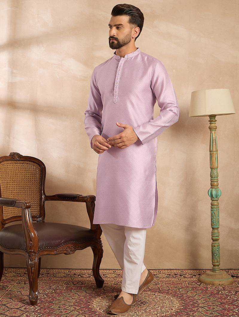 Men lavender polyester solid embroidered straight kurta sets