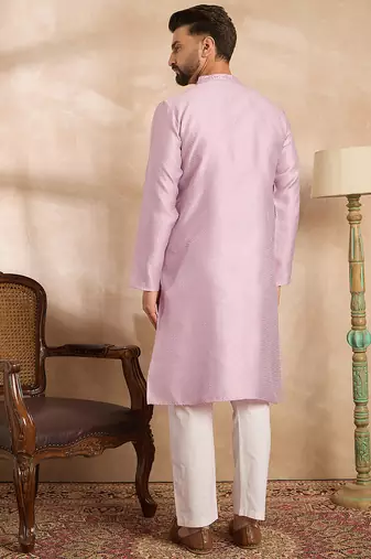 Men lavender polyester solid embroidered straight kurta sets