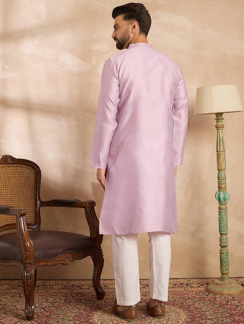 Men lavender polyester solid embroidered straight kurta sets