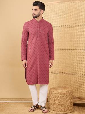 Men's red viscose rayon solid embroidered straight chikankari kurta 3