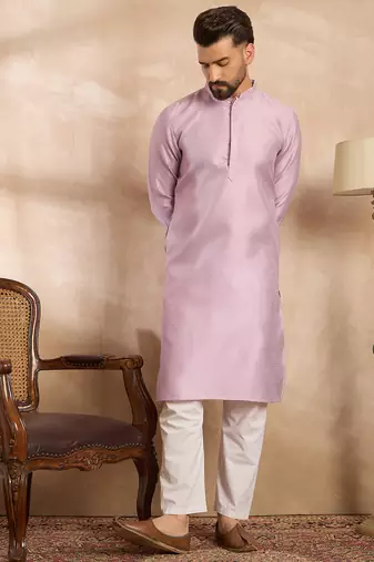 Men lavender polyester solid embroidered straight kurta sets