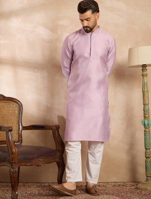 Men lavender polyester solid embroidered straight kurta sets 5