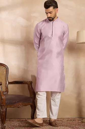 Men lavender polyester solid embroidered straight kurta sets
