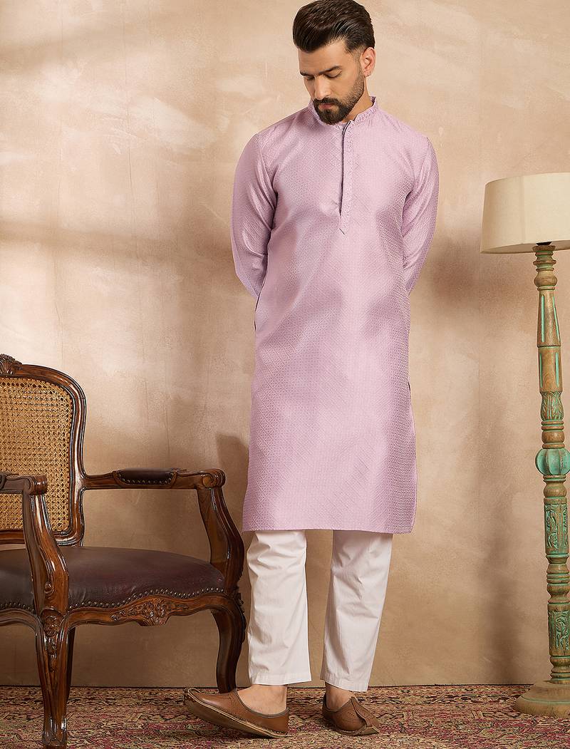 Men lavender polyester solid embroidered straight kurta sets