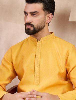 Men yellow silk blend solid embroidered straight kurta with trouser 1