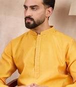 Men yellow silk blend solid embroidered straight kurta with trouser