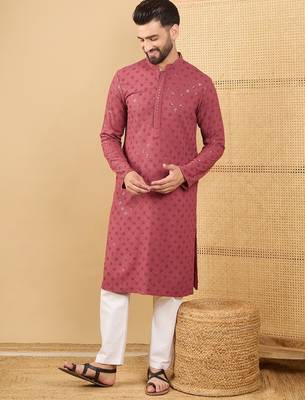 Men's red viscose rayon solid embroidered straight chikankari kurta 5