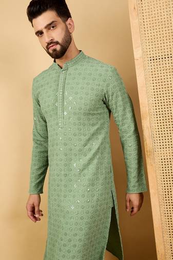 Men's green viscose rayon solid embroidered straight chikankari kurta