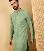 Men's green viscose rayon solid embroidered straight chikankari kurta