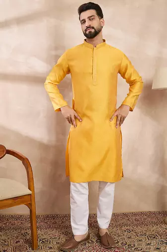 Men yellow silk blend solid embroidered straight kurta with trouser