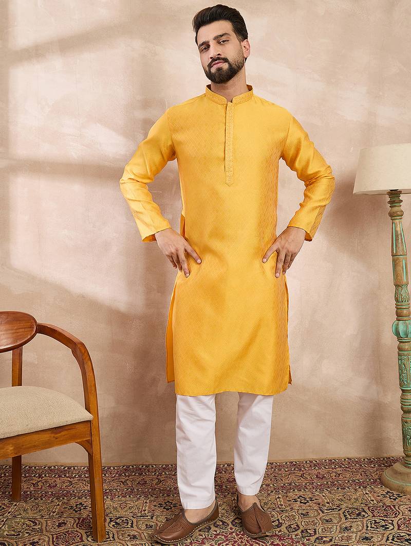 Men yellow silk blend solid embroidered straight kurta with trouser