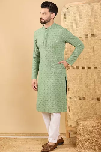Men's green viscose rayon solid embroidered straight chikankari kurta