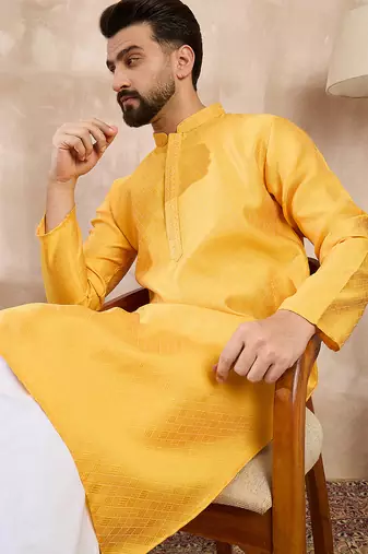Men yellow silk blend solid embroidered straight kurta with trouser