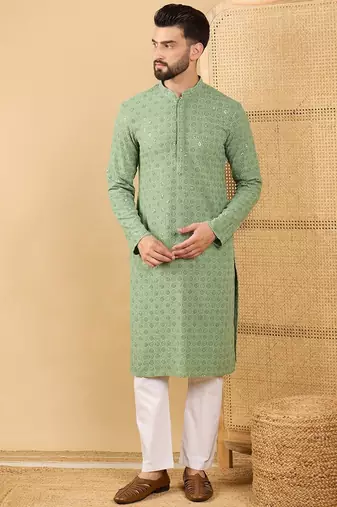 Men's green viscose rayon solid embroidered straight chikankari kurta