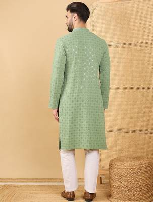 Men's green viscose rayon solid embroidered straight chikankari kurta 4