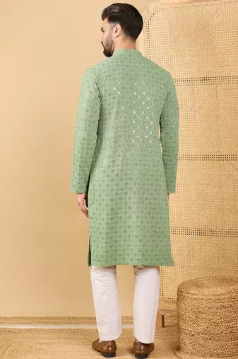 Men's green viscose rayon solid embroidered straight chikankari kurta