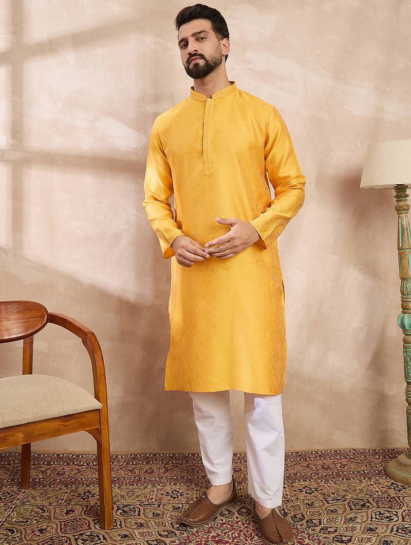 Men yellow silk blend solid embroidered straight kurta with trouser