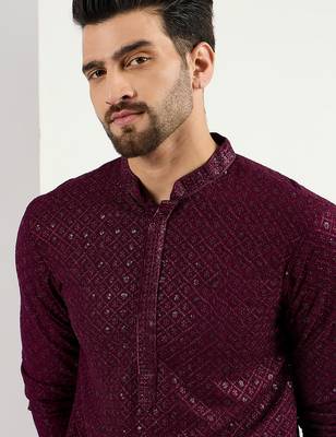Men's burgundy viscose rayon embroidered straight sequins kurta 2