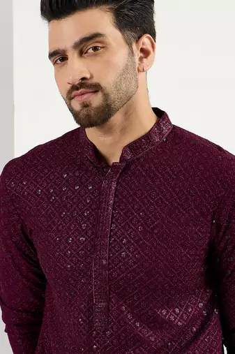 Men's burgundy viscose rayon embroidered straight sequins kurta