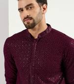Men's burgundy viscose rayon embroidered straight sequins kurta
