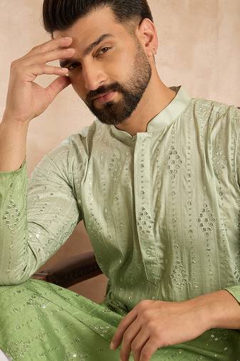 Men green silk blend ombre embroidered straight kurta sets