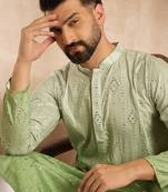 Men green silk blend ombre embroidered straight kurta sets