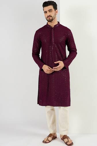 Men's burgundy viscose rayon embroidered straight sequins kurta