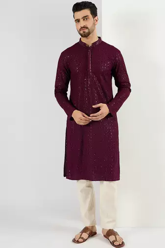 Men's burgundy viscose rayon embroidered straight sequins kurta