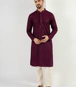 Men's burgundy viscose rayon embroidered straight sequins kurta