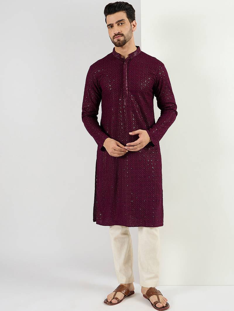 Men's burgundy viscose rayon embroidered straight sequins kurta