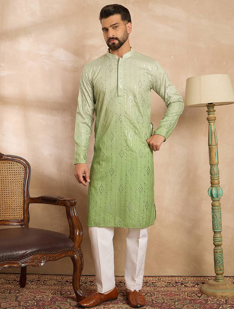 Men green silk blend ombre embroidered straight kurta sets