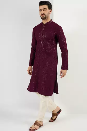 Men's burgundy viscose rayon embroidered straight sequins kurta