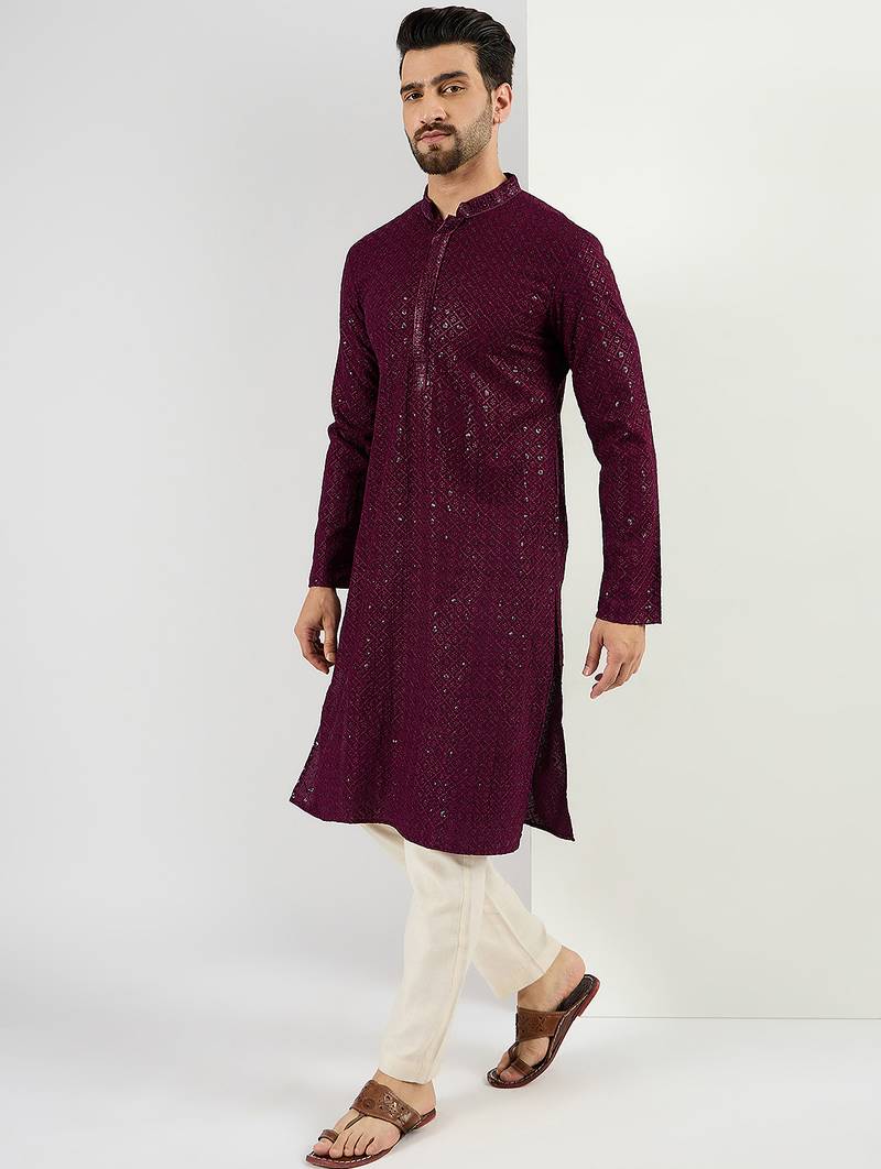 Men's burgundy viscose rayon embroidered straight sequins kurta
