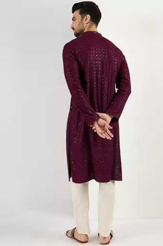 Men's burgundy viscose rayon embroidered straight sequins kurta