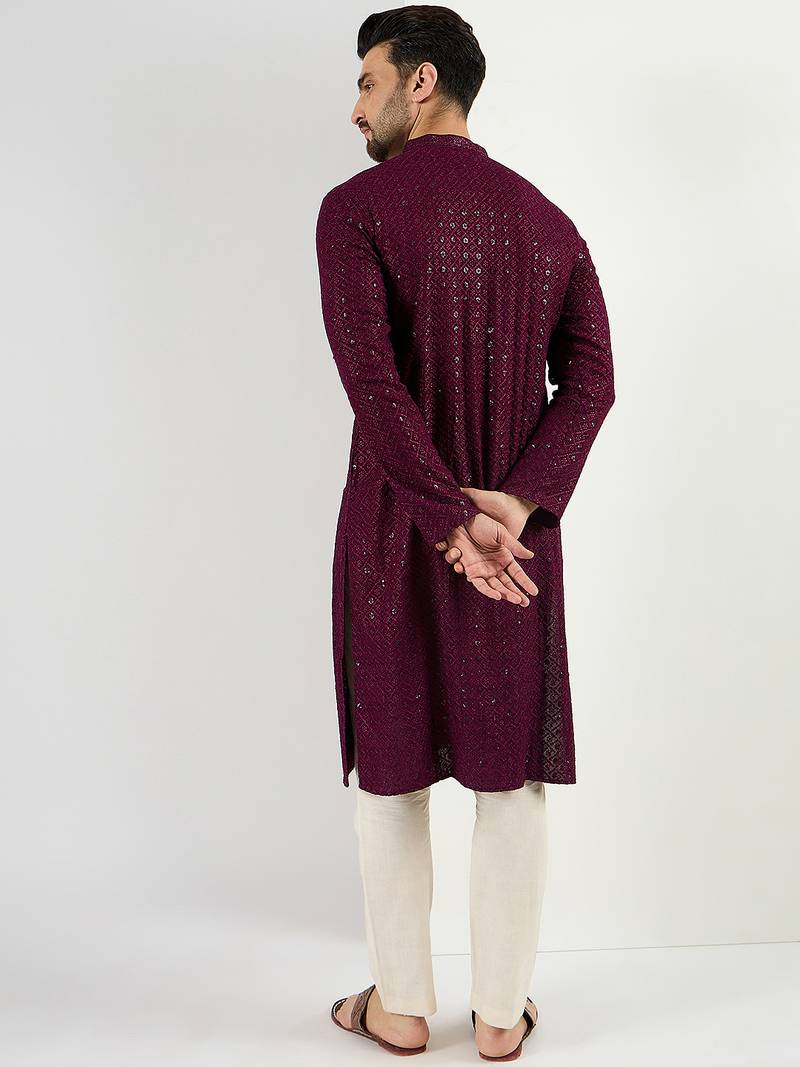 Men's burgundy viscose rayon embroidered straight sequins kurta