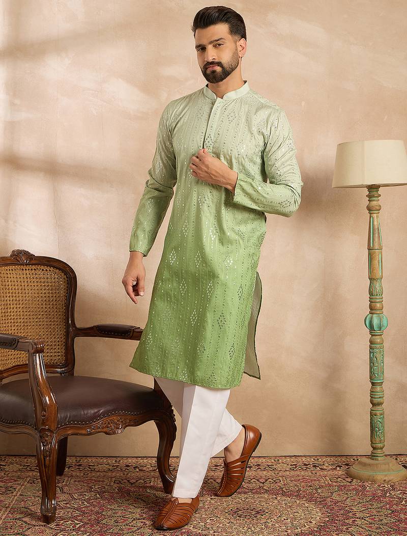 Men green silk blend ombre embroidered straight kurta sets