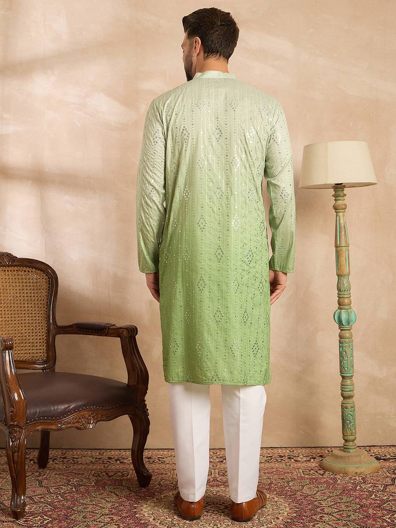 Men green silk blend ombre embroidered straight kurta sets