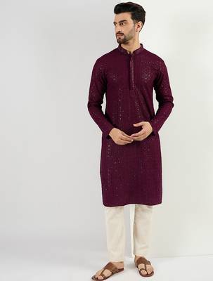 Men's burgundy viscose rayon embroidered straight sequins kurta 5